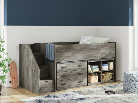 Frandern Twin Loft Bed with Bookcase and Drawer Storage