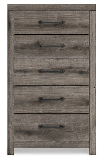 Graystorm King Panel Bed with Mirrored Dresser, Chest and Nightstand