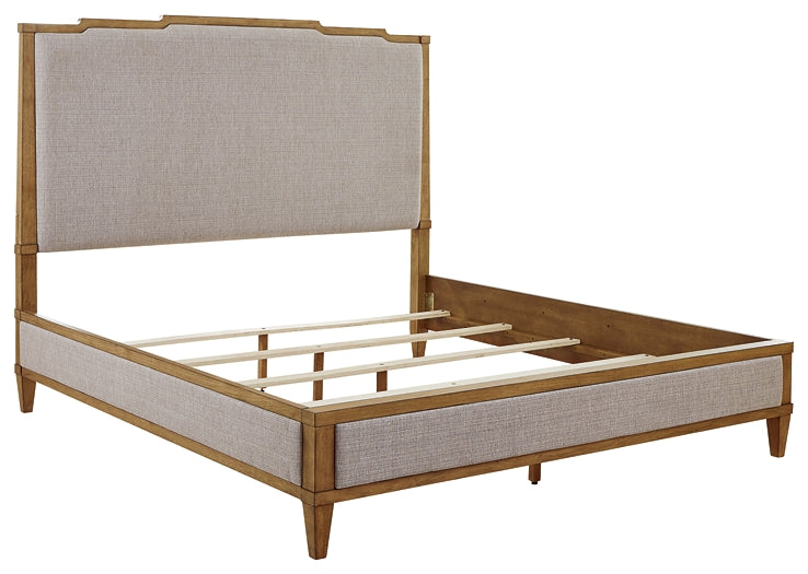 Sharlance King Upholstered Panel Bed with Mirrored Dresser