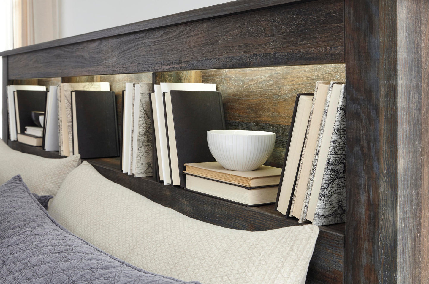 Drystan Queen Bookcase Bed with 4 Storage Drawers, Dresser, Mirror, Chest and Nightstand