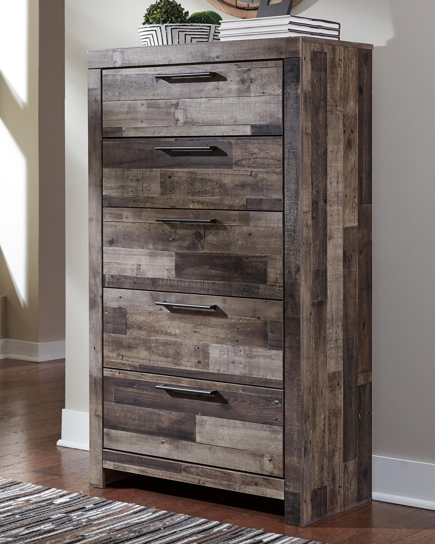 Derekson Twin Panel Headboard Bed with Mirrored Dresser, Chest and Nightstand