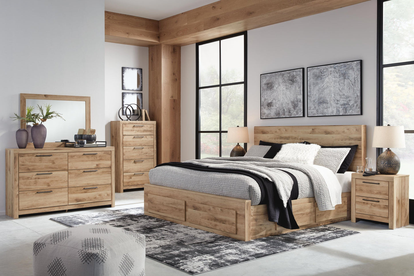 Hyanna Queen Panel Storage Bed with 2 Under Bed Storage Drawer, Dresser, Mirror, Chest and Nightstand