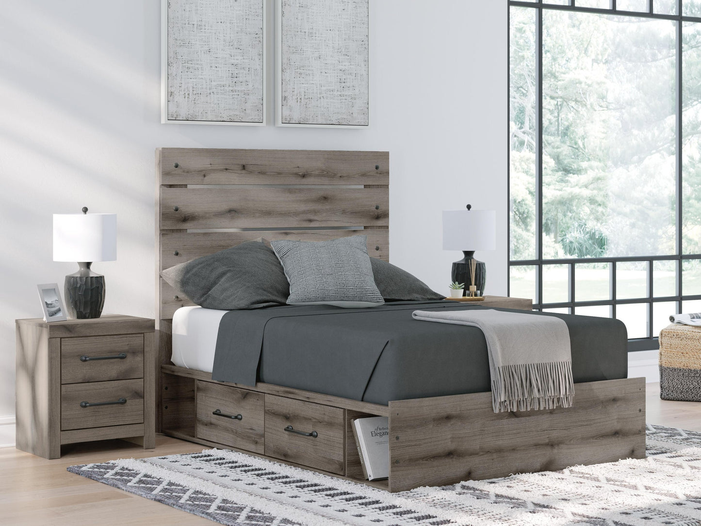 Graystorm Full Panel Storage Bed, Dresser, Mirror, Chest and Nightstand