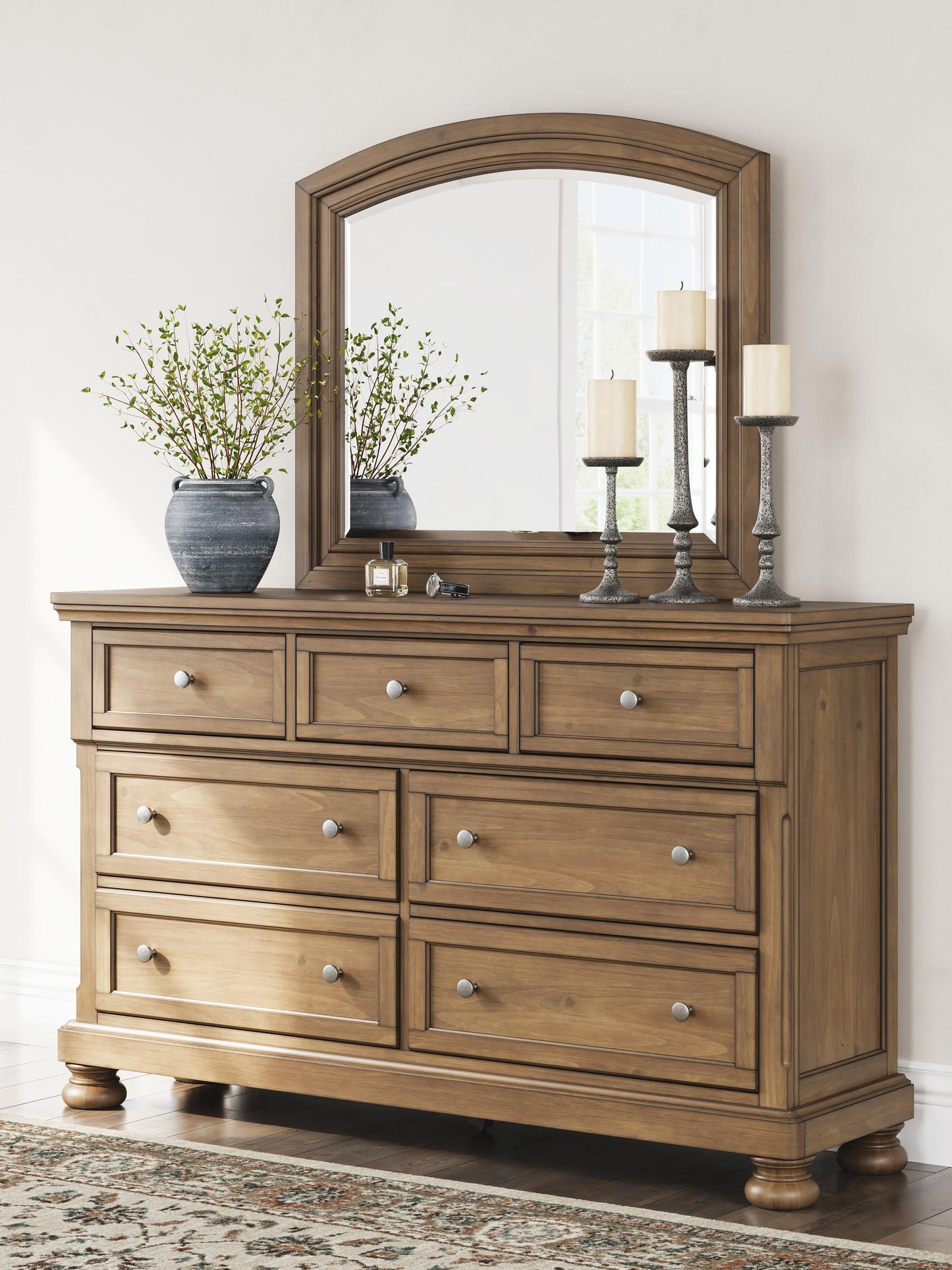 Feddinger California King Panel Bed with Mirrored Dresser, Chest and Nightstand