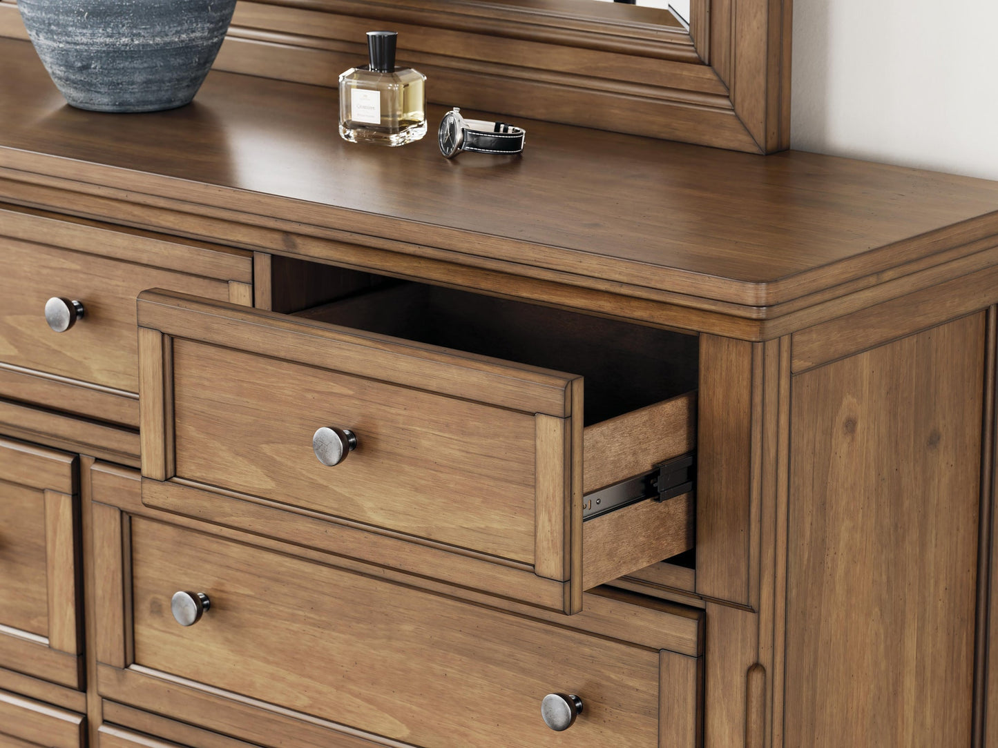 Feddinger King Storage Sleigh Bed with Mirrored Dresser