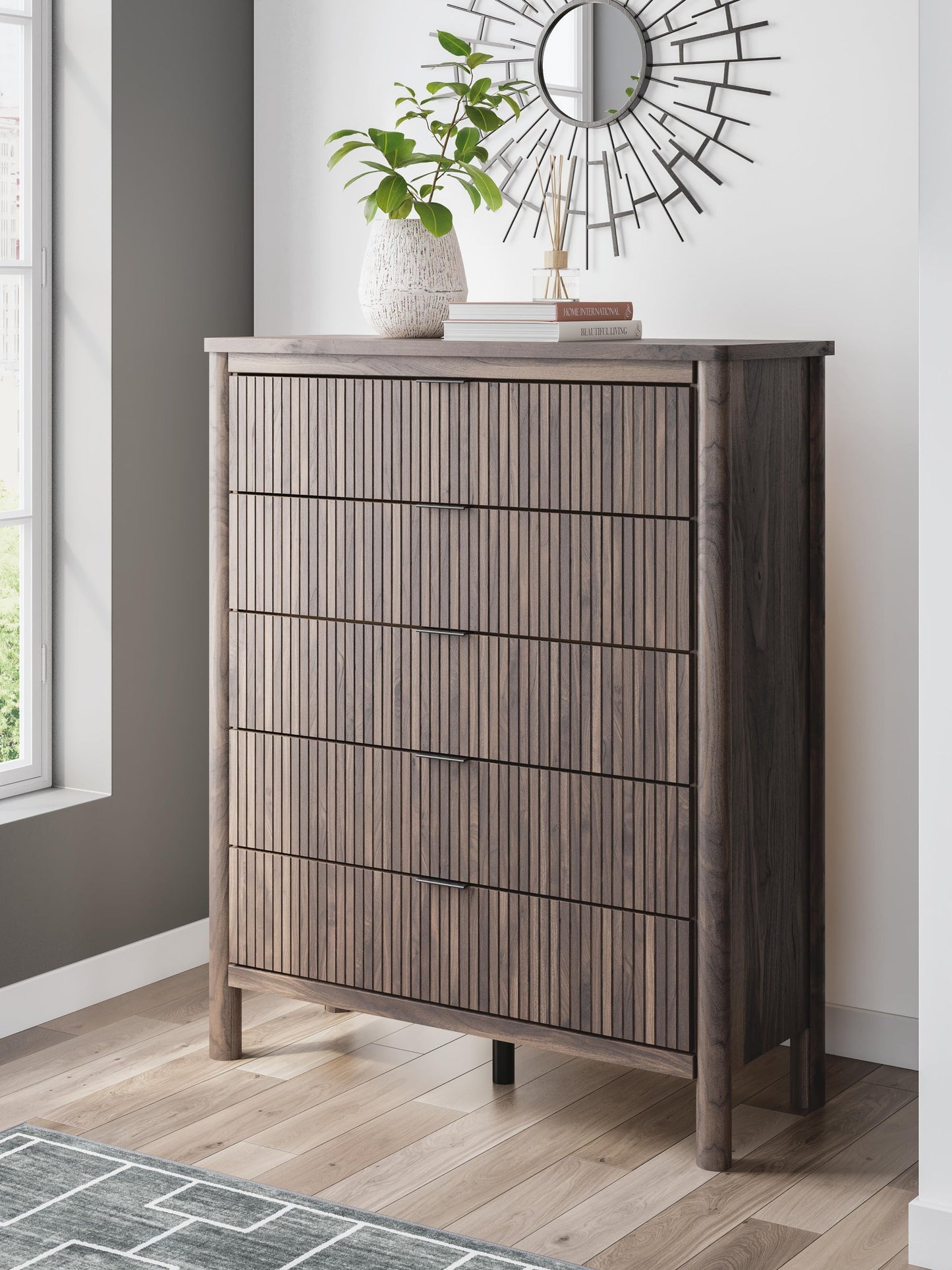 Pamytta Twin Upholstered Panel Platform Bed, Dresser, Mirror, Chest and Nightstand