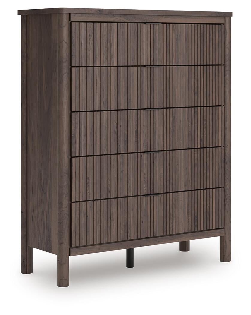 Pamytta King Upholstered Panel Bed, Dresser, Mirror, Chest and Nightstand
