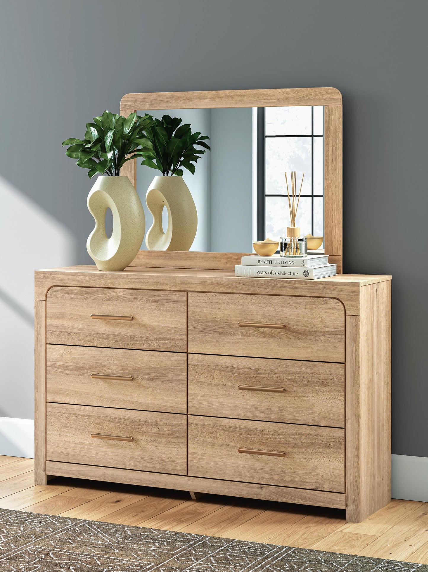 Kinlanni King Upholstered Platform Bed, Dresser and Mirror
