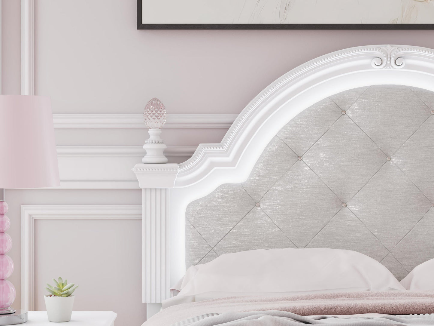 Kozlani Full Upholstered Panel Bed, Dresser, Mirror and Nightstand