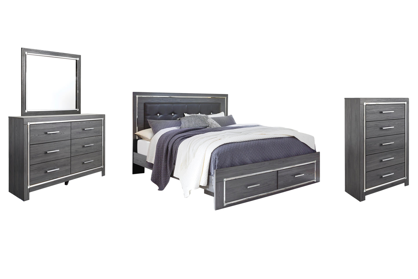 Lodanna King Panel Bed with 2 Storage Drawers, Dresser, Mirror, Chest and Nightstand