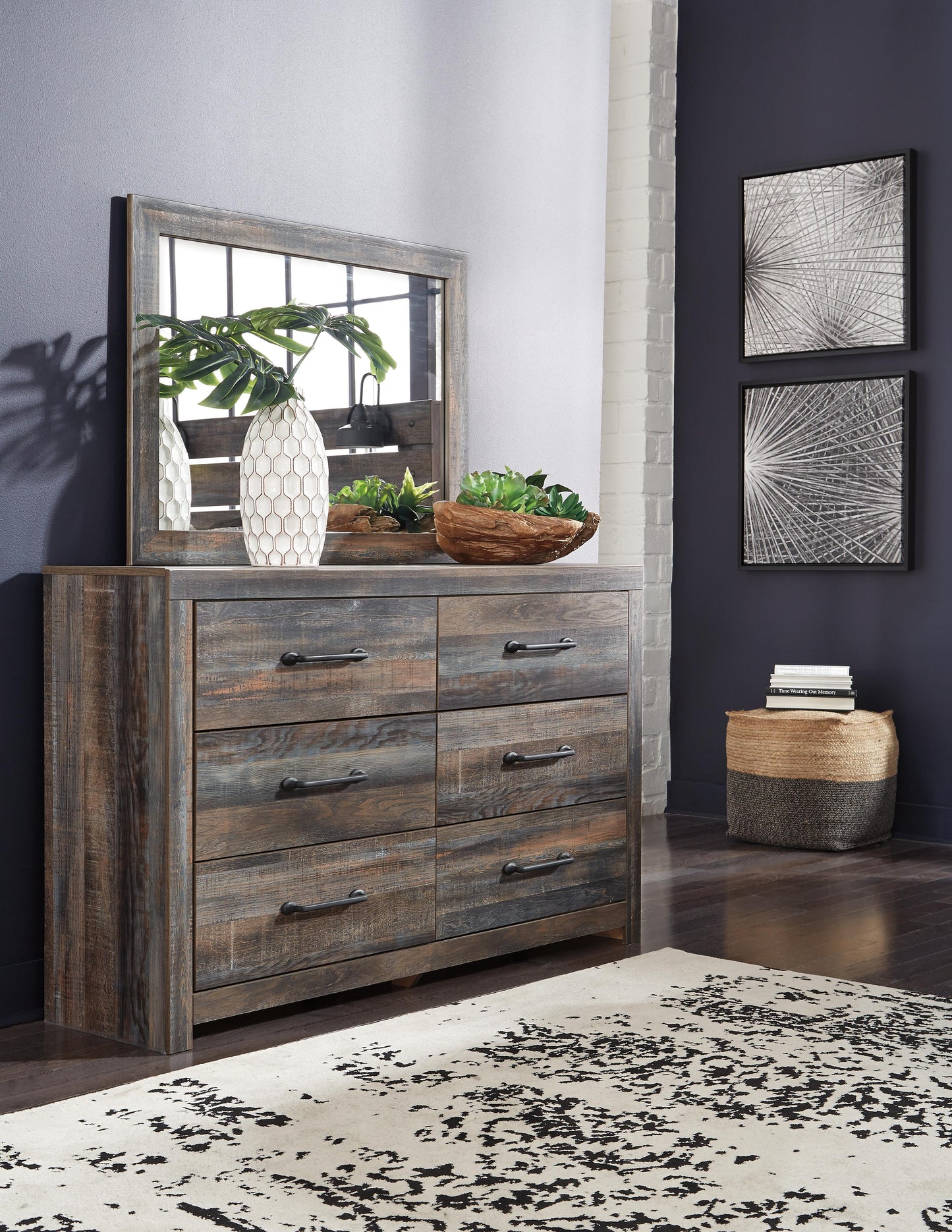 Drystan Queen Panel Bed with 2 Storage Drawers with Mirrored Dresser