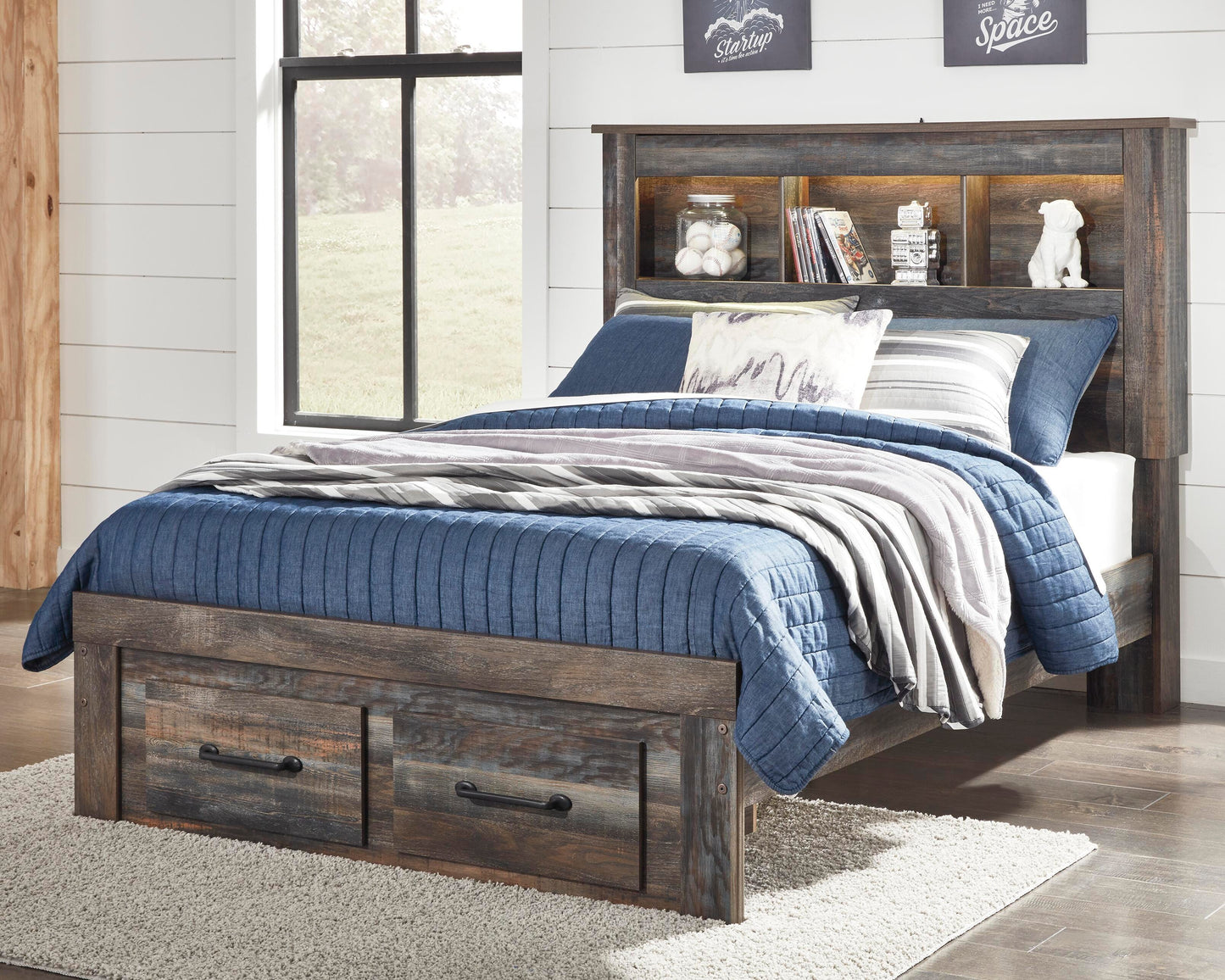 Drystan Full Bookcase Bed with 2 Storage Drawers, Dresser, Mirror, Chest and Nightstand