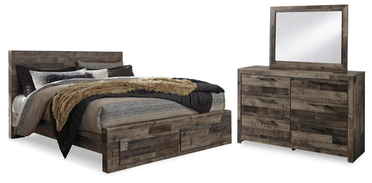 Derekson King Panel Bed with 2 Storage Drawers with Mirrored Dresser