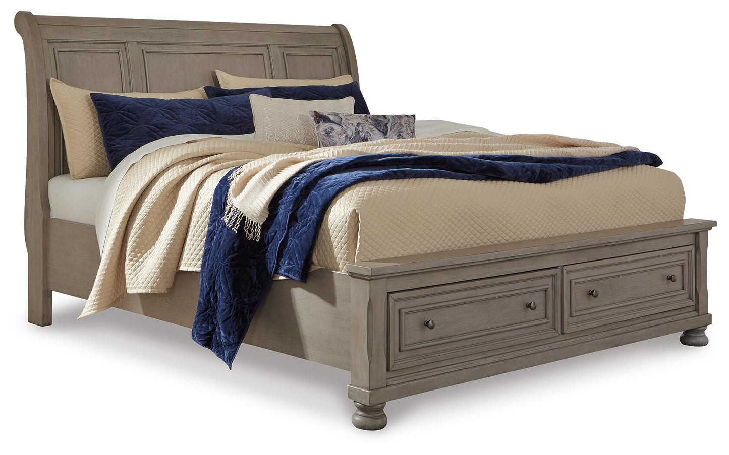 Lettner Queen Sleigh Bed with 2 Storage Drawers with Mirrored Dresser, Chest and Nightstand