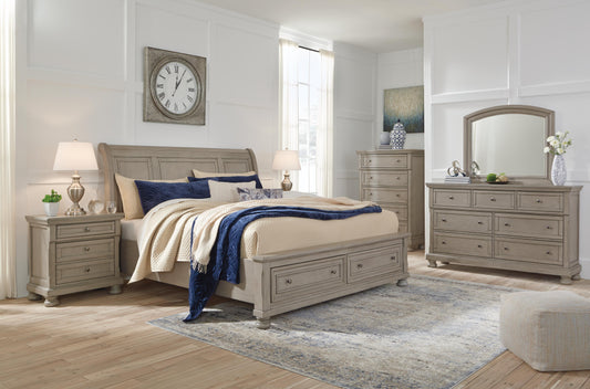 Lettner Queen Sleigh Bed with 2 Storage Drawers with Mirrored Dresser, Chest and Nightstand