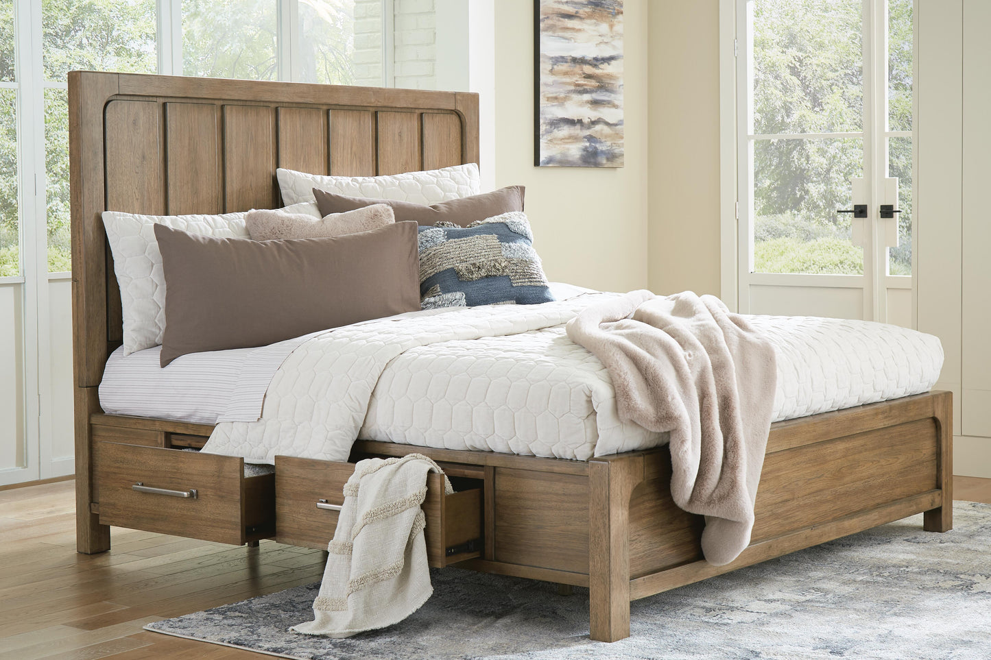 Cabalynn California King Panel Bed with Storage with Mirrored Dresser