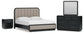 Rowanbeck California King Upholstered Panel Bed, Dresser, Mirror and Nightstand