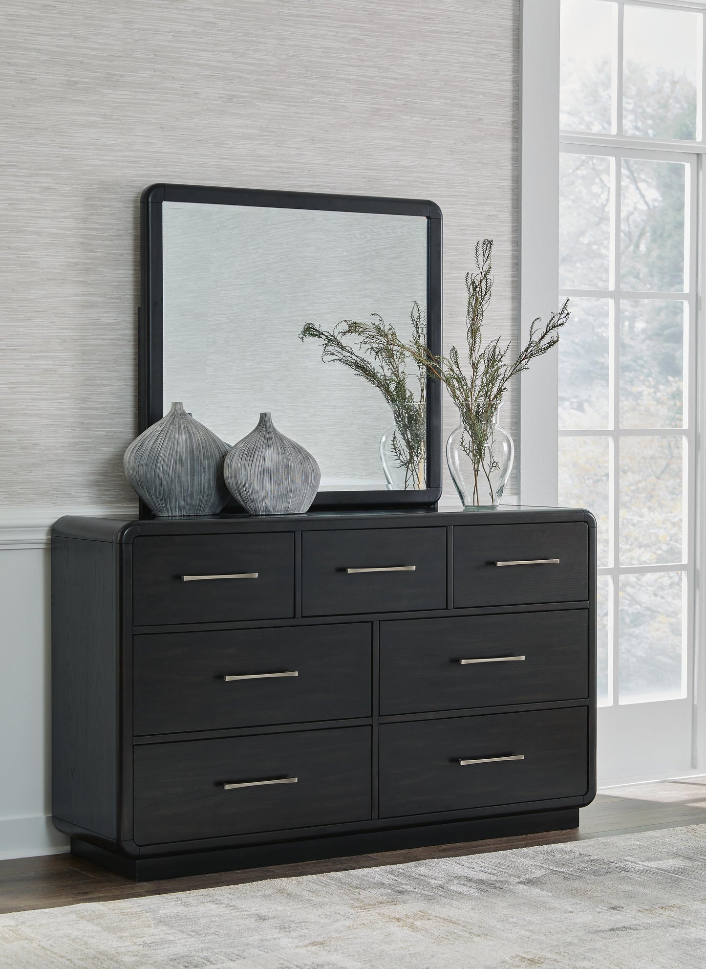 Rowanbeck California King Upholstered Panel Bed, Dresser, Mirror and Nightstand