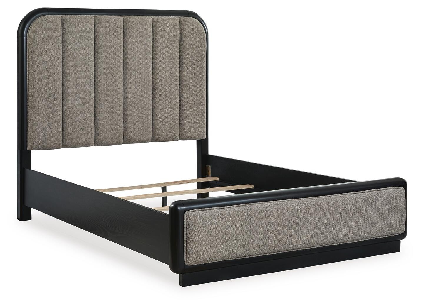 Rowanbeck Queen Upholstered Panel Bed with Mirrored Dresser, Chest and Nightstand
