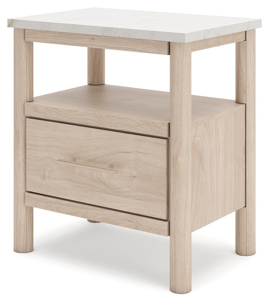 Cadmori Queen Upholstered Panel Bed with Mirrored Dresser, Chest and Nightstand