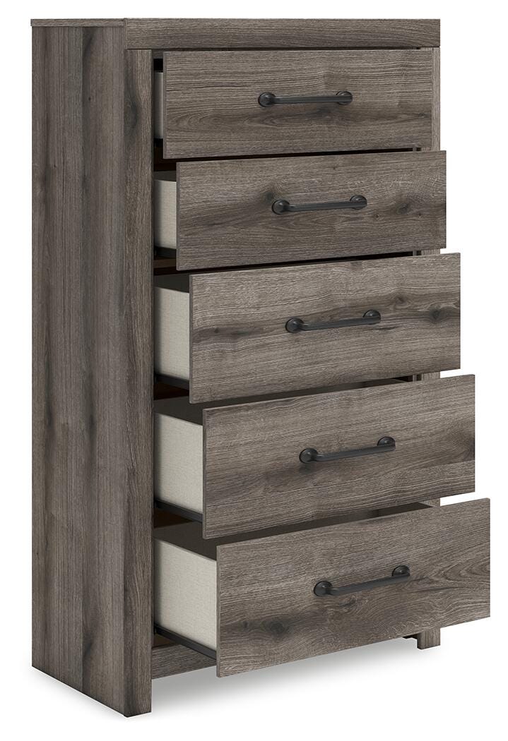 Graystorm Full Panel Storage Bed, Dresser, Mirror, Chest and Nightstand