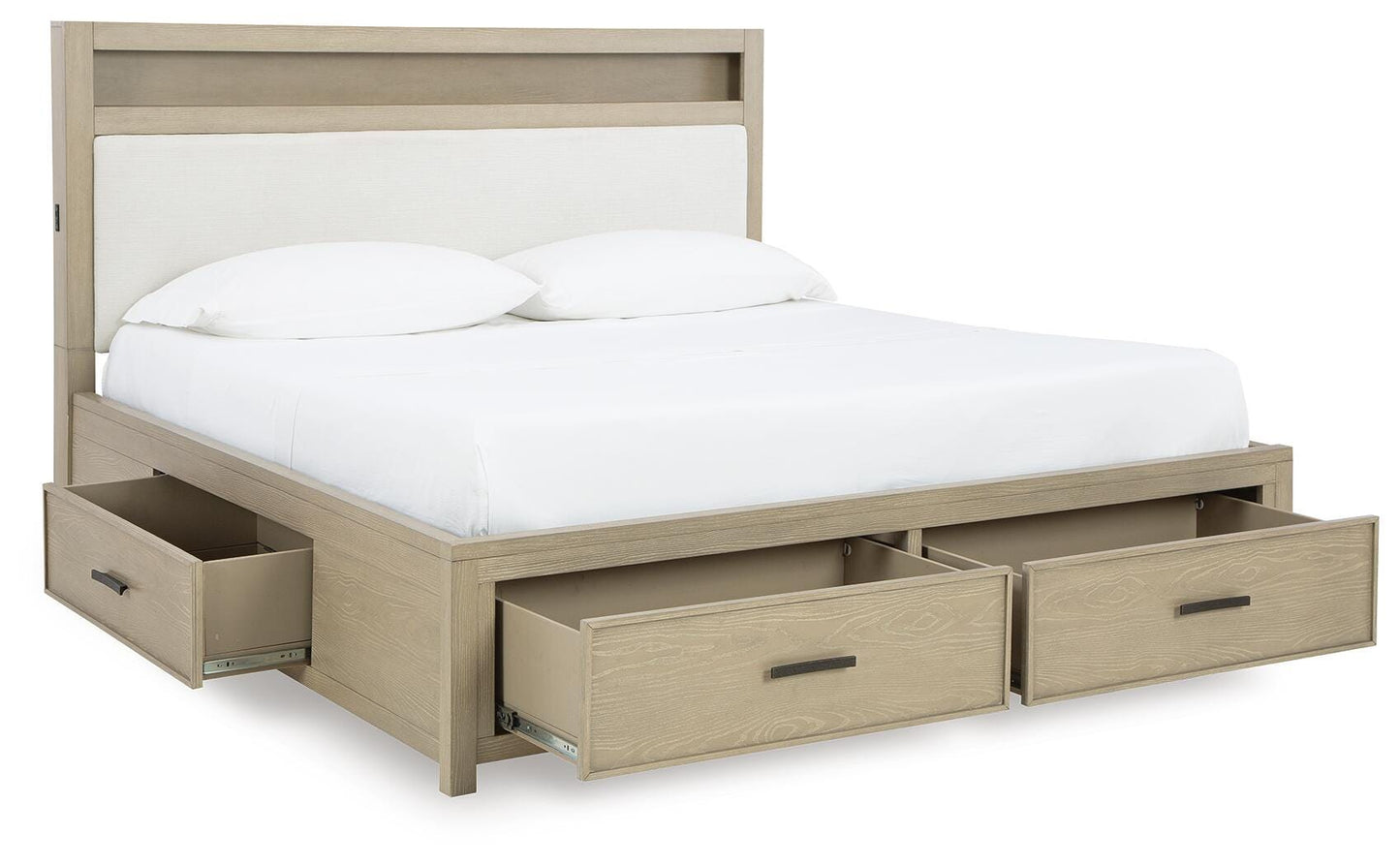 Calmoro Queen Bookcase Bed with Mirrored Dresser and Nightstand