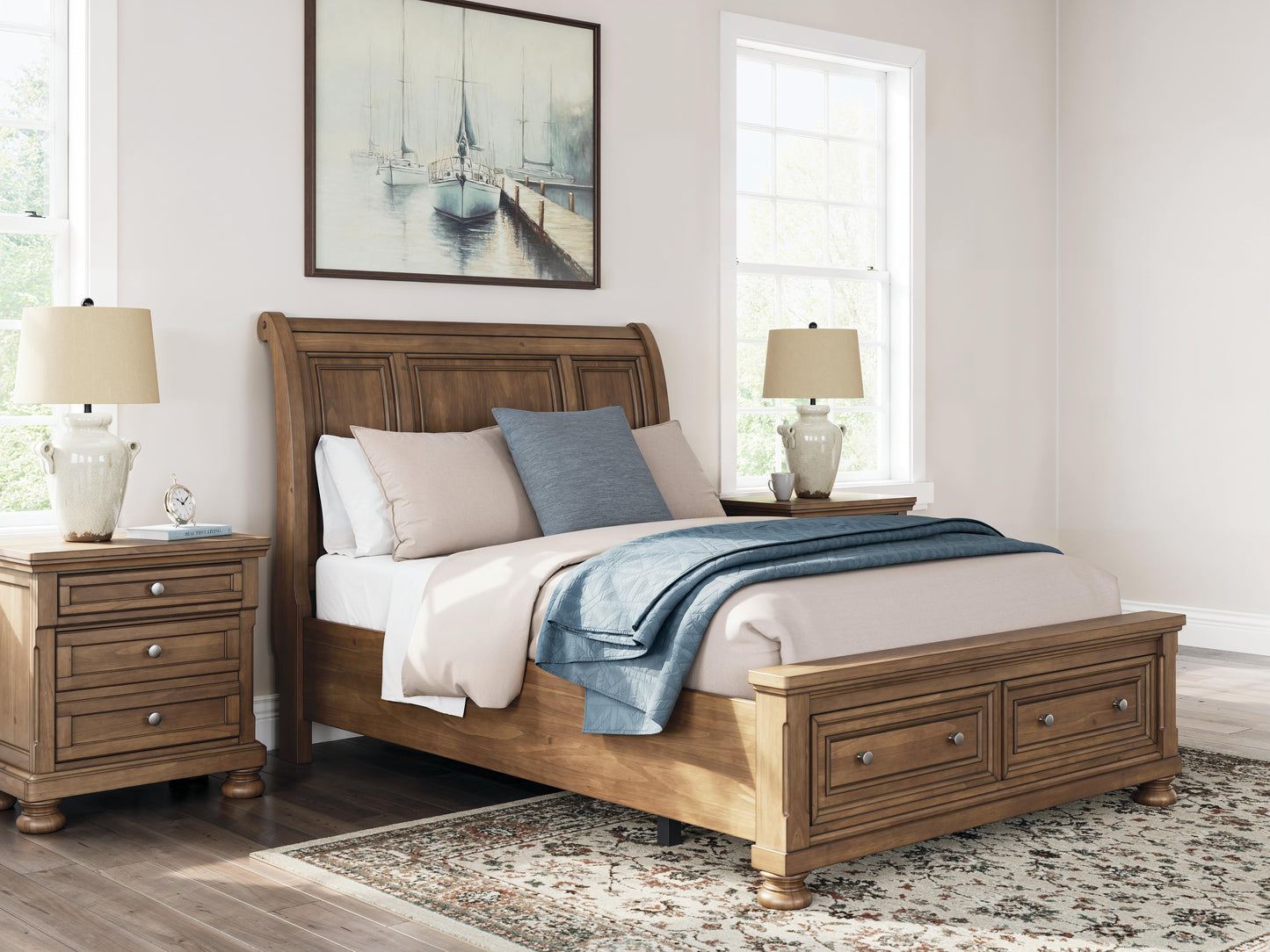 Feddinger Queen Storage Sleigh Bed with Mirrored Dresser