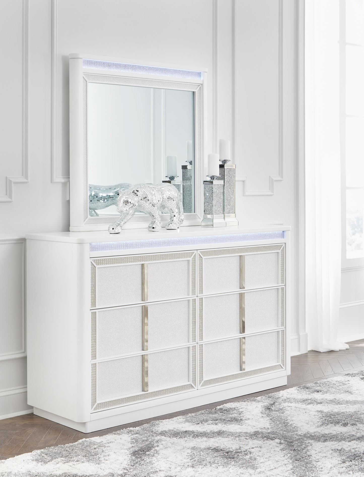 Chalanna King Upholstered Storage Bed, Dresser, Mirror, Chest and Nightstand