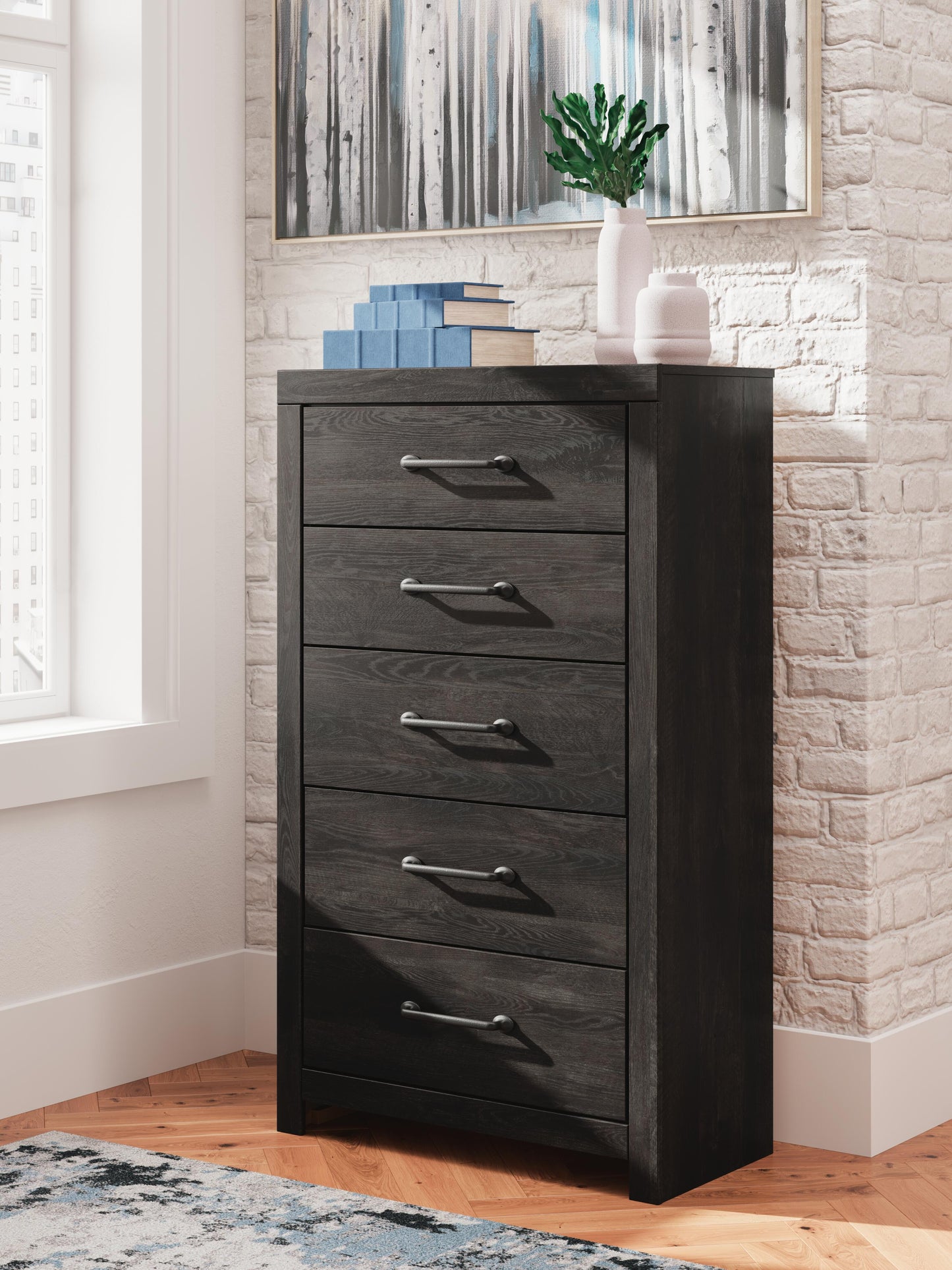 Hollivern King Panel Bed, Dresser, Mirror, Chest and Nightstand