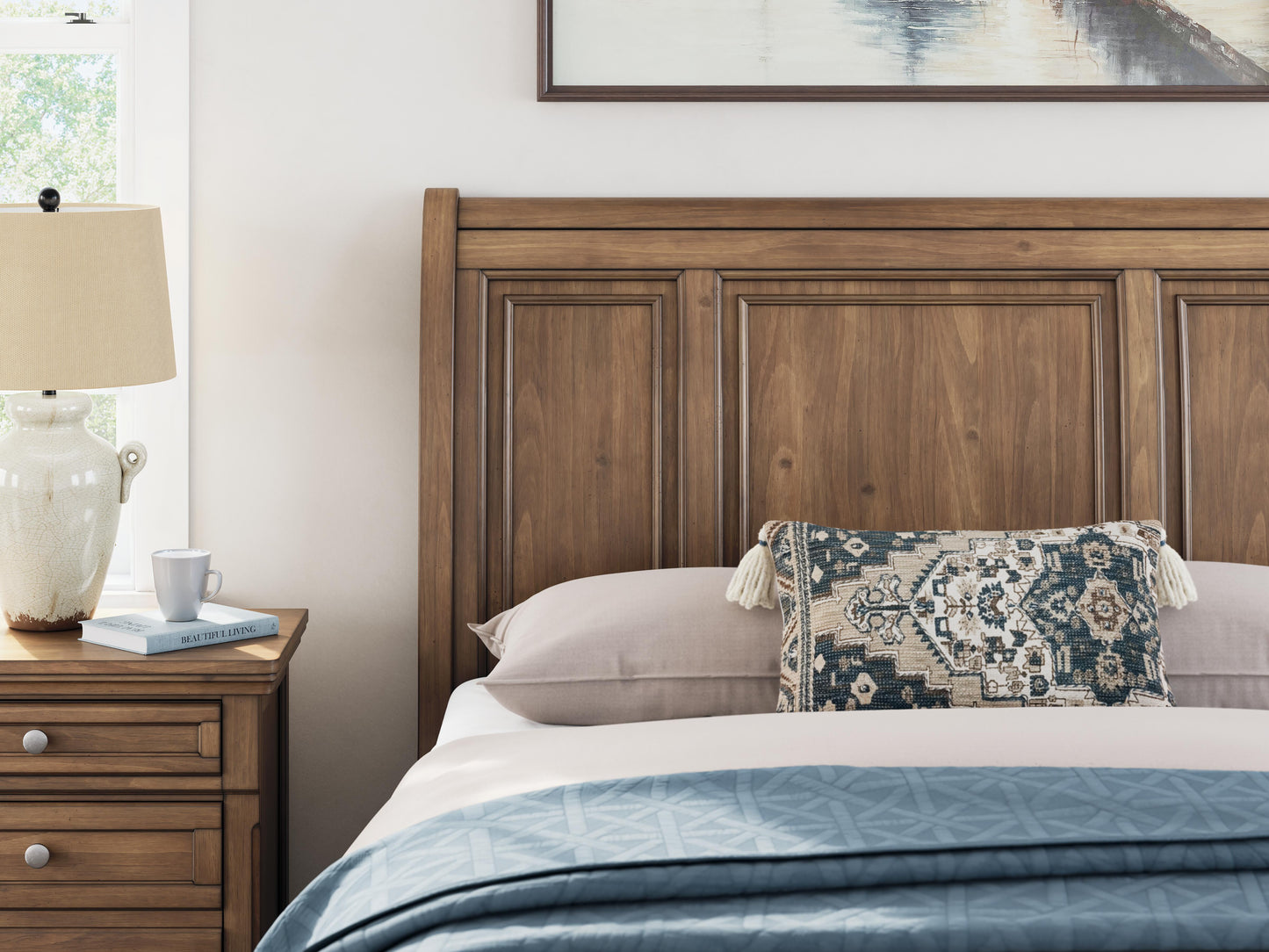 Feddinger Queen Storage Sleigh Bed with Mirrored Dresser and Nightstand