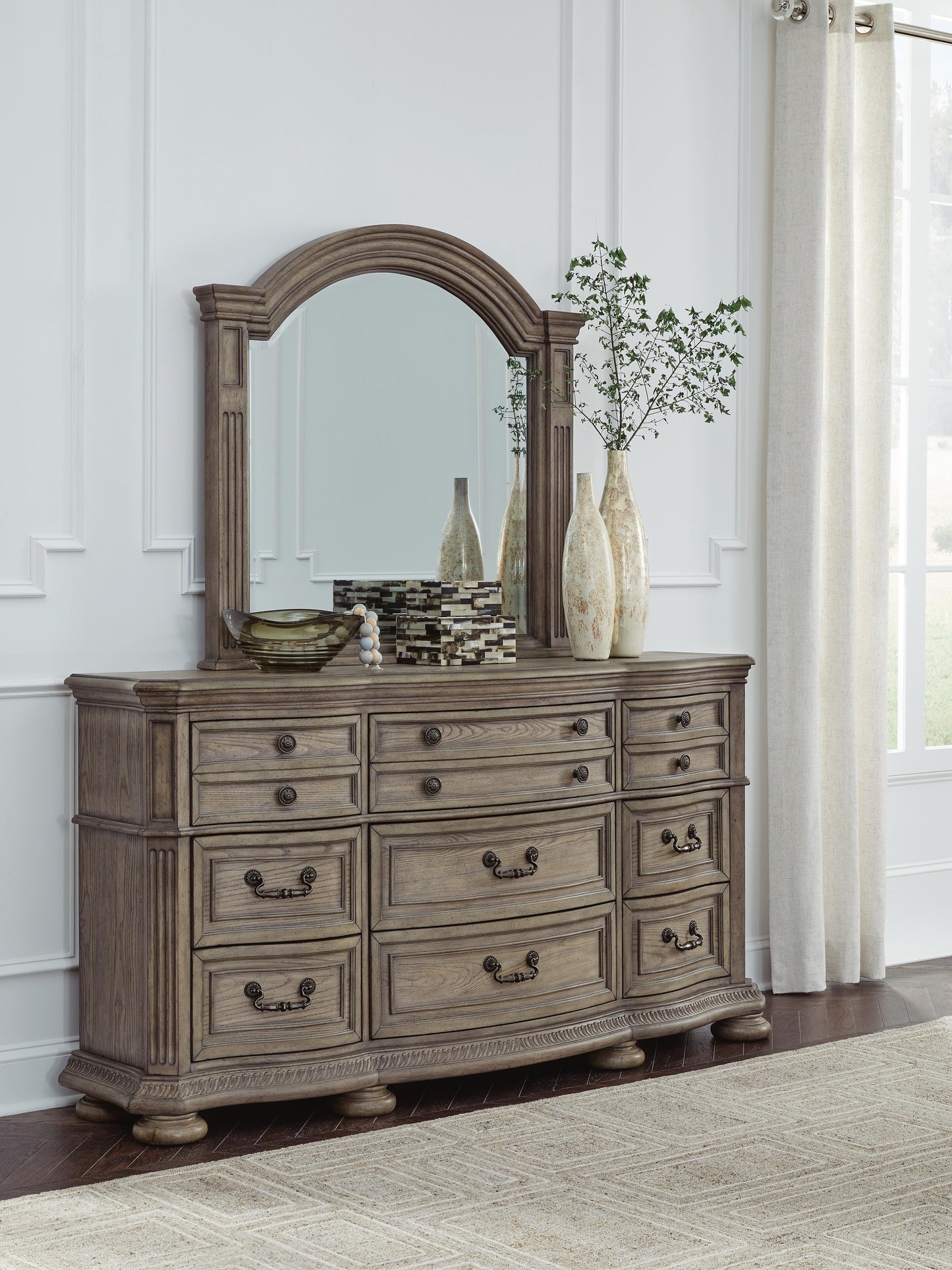 Ardenfield King Upholstered Sleigh Bed, Dresser, Mirror and Nightstand