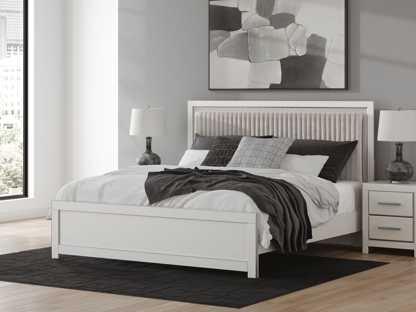 Zuraleus King Upholstered Panel Platform Bed, Dresser, Mirror and Nightstand