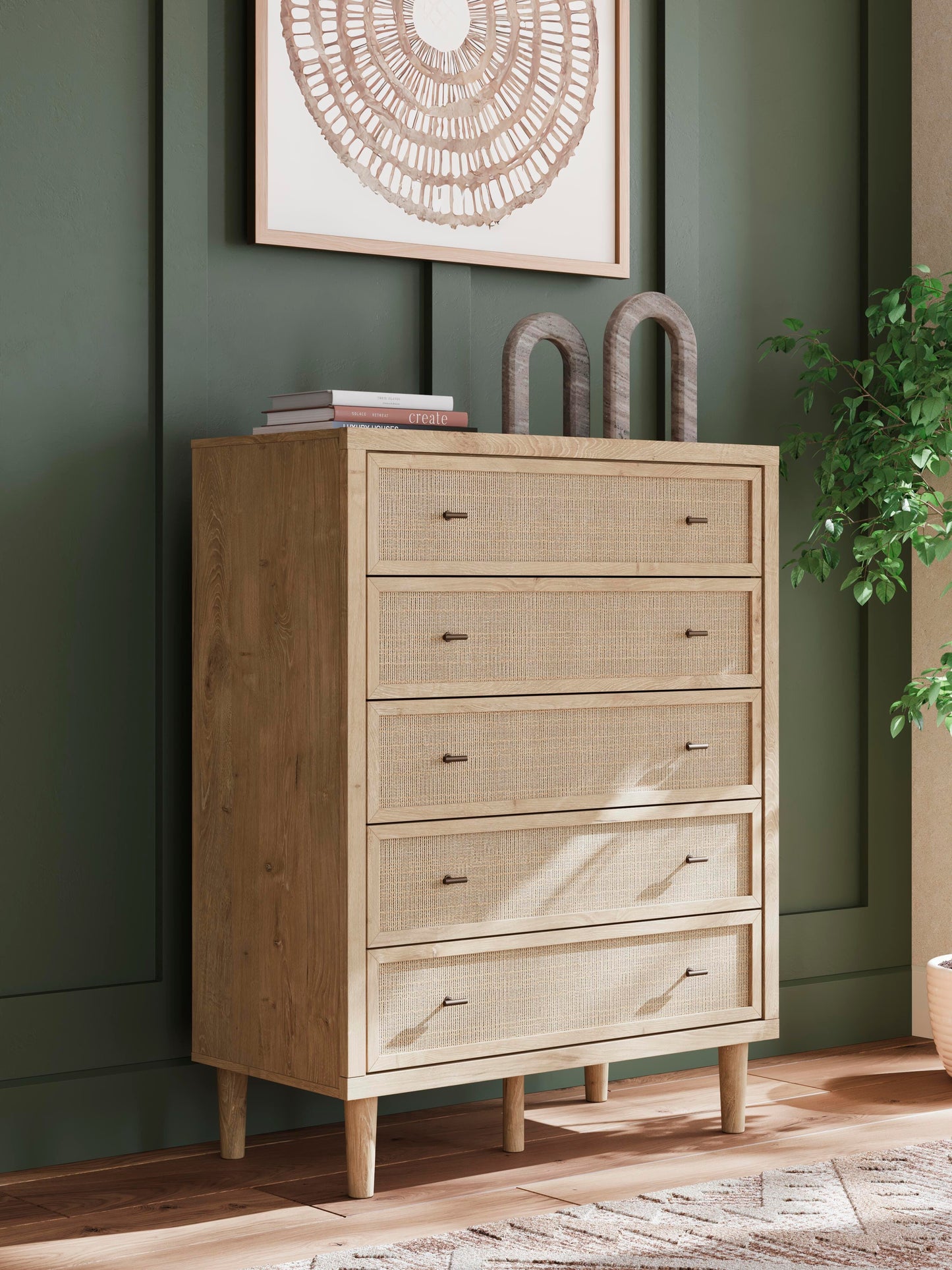Cielden King Upholstered Bed with Roll Slats, Dresser, Mirror, Chest and Nightstand