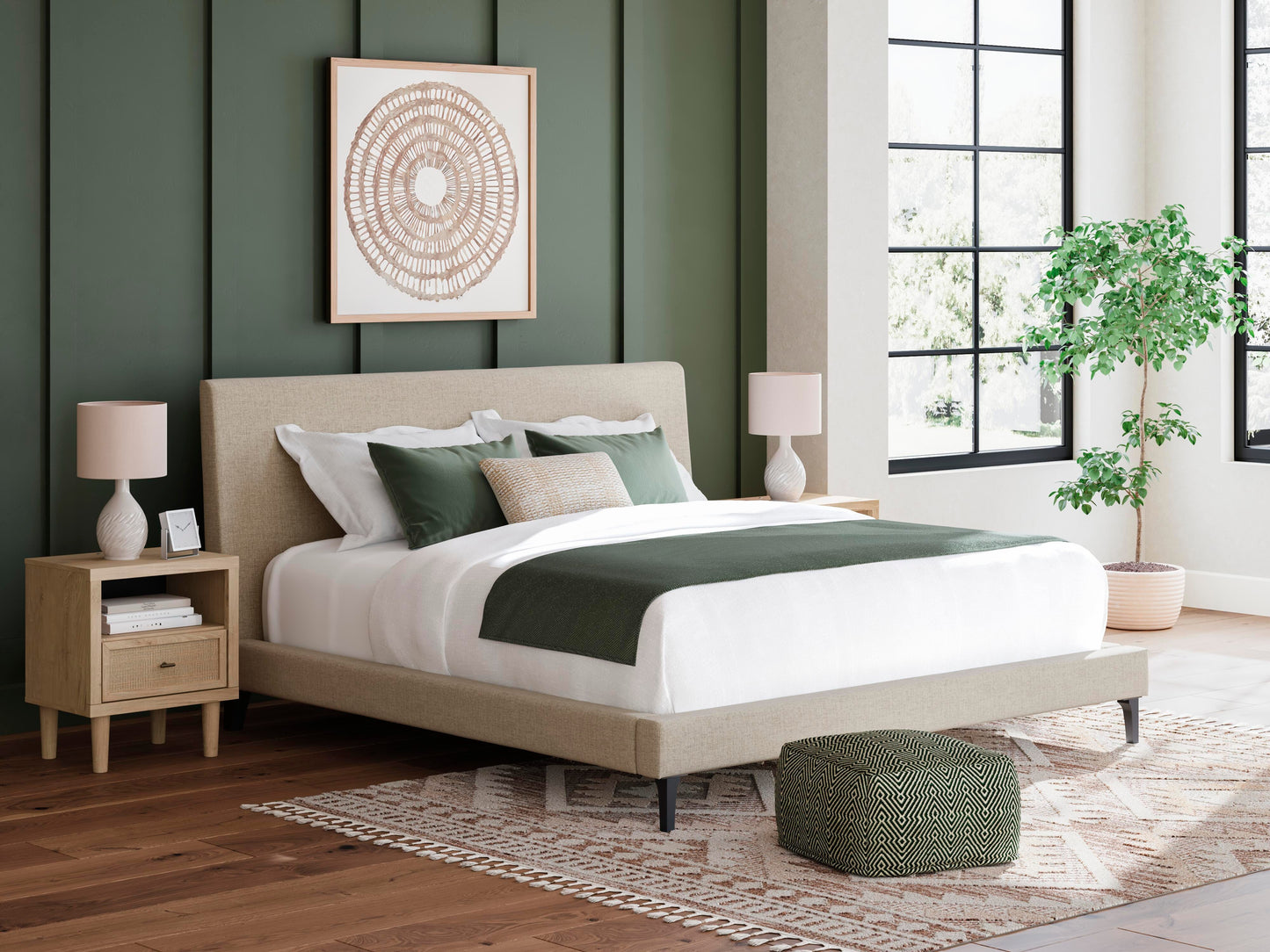 Cielden King Upholstered Bed with Roll Slats, Dresser and Mirror
