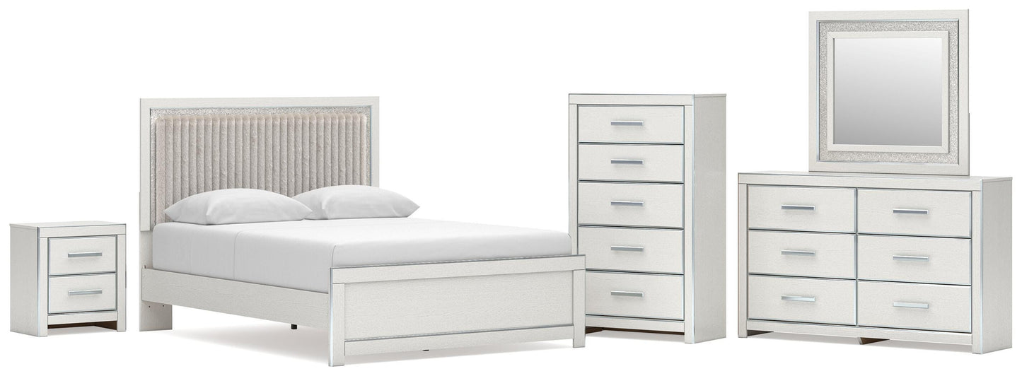 Zuraleus Queen Upholstered Panel Platform Bed, Dresser, Mirror, Chest and Nightstand
