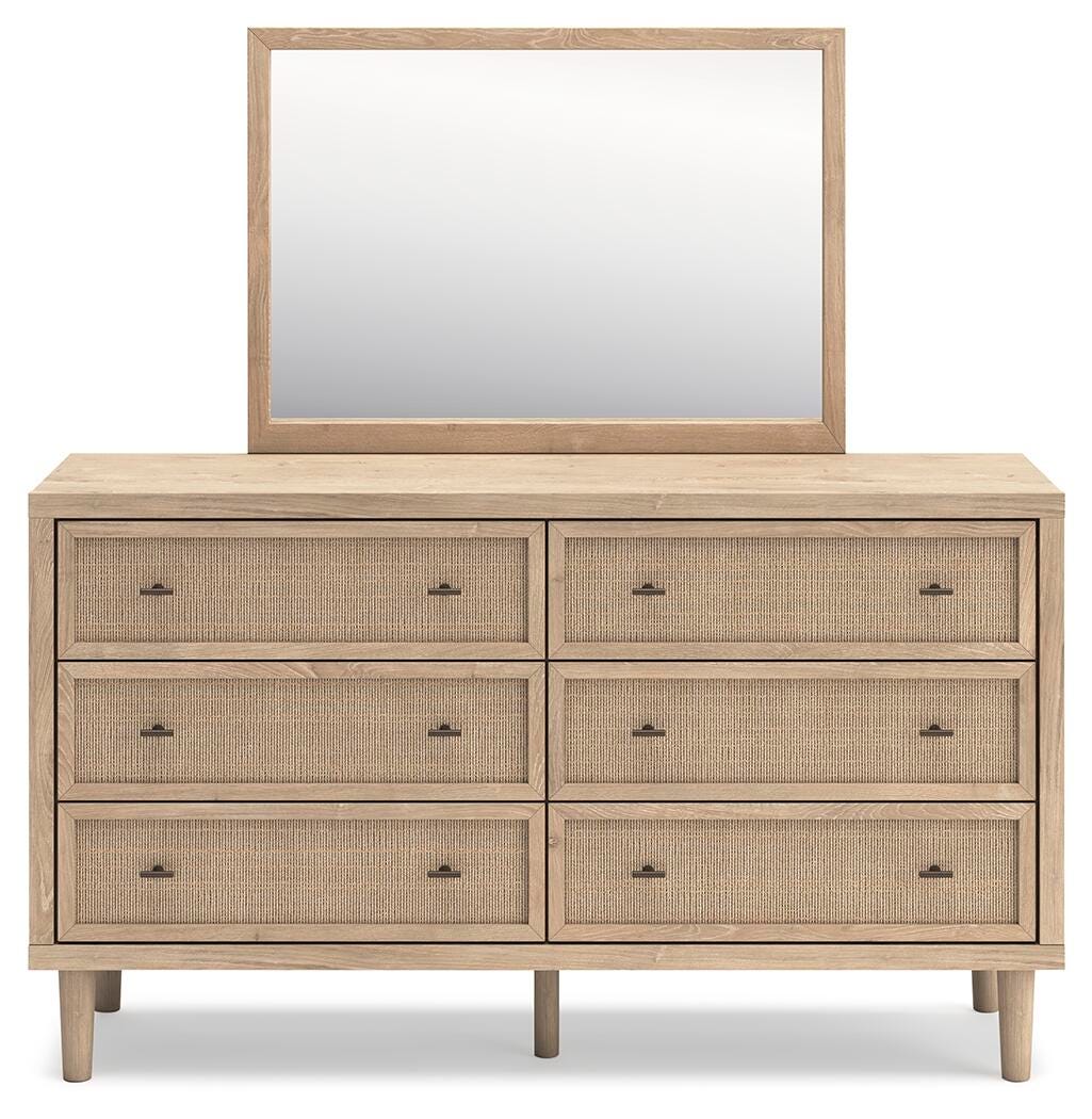 Cielden Queen Upholstered Bed with Roll Slats, Dresser, Mirror and Nightstand