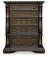 Maylee California King Canopy Bed, Dresser, Mirror, Chest and Nightstand