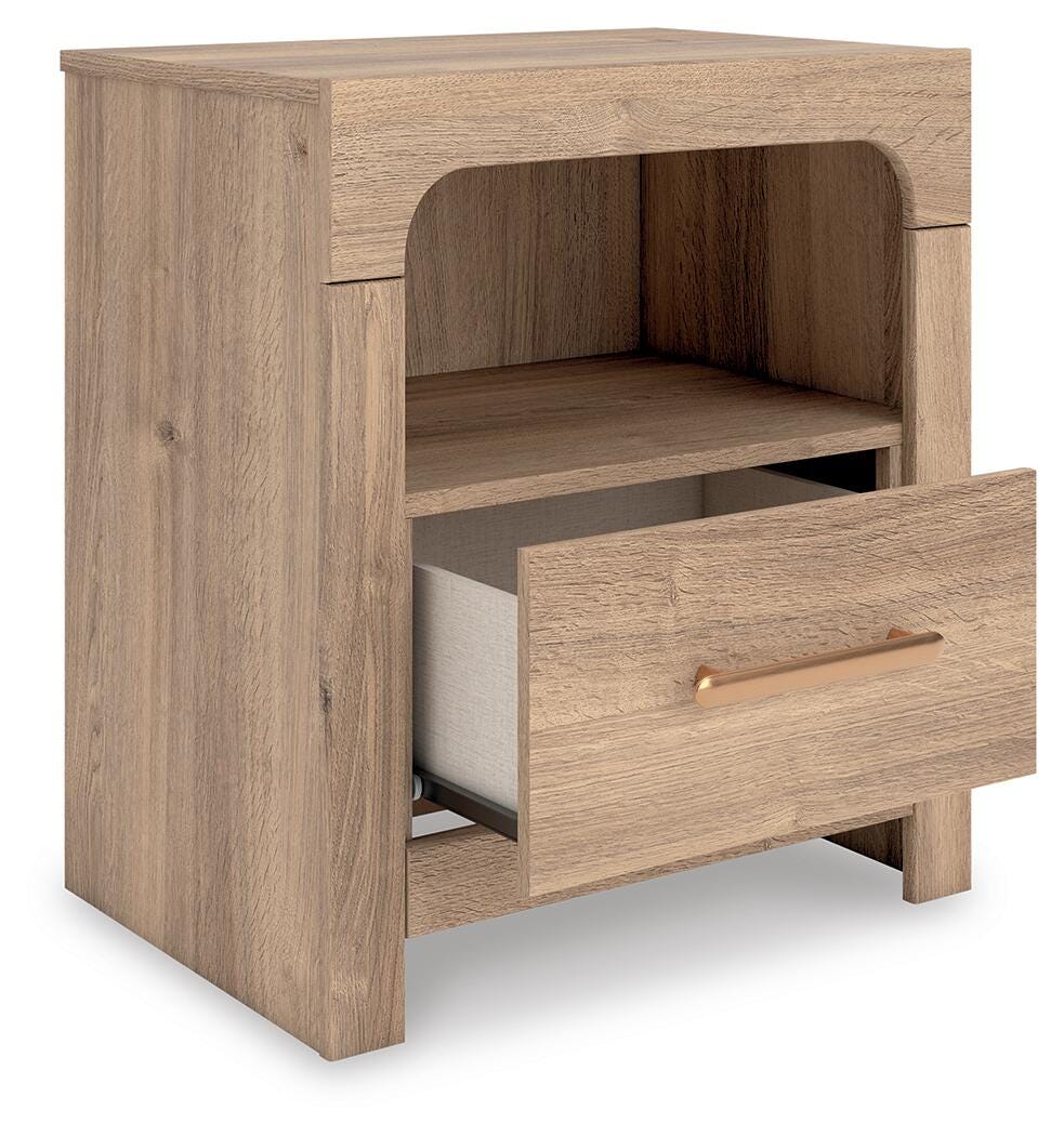 Kinlanni Queen Upholstered Platform Bed, Dresser, Mirror and Nightstand