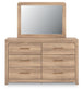 Kinlanni Queen Upholstered Panel Bed, Dresser and Mirror
