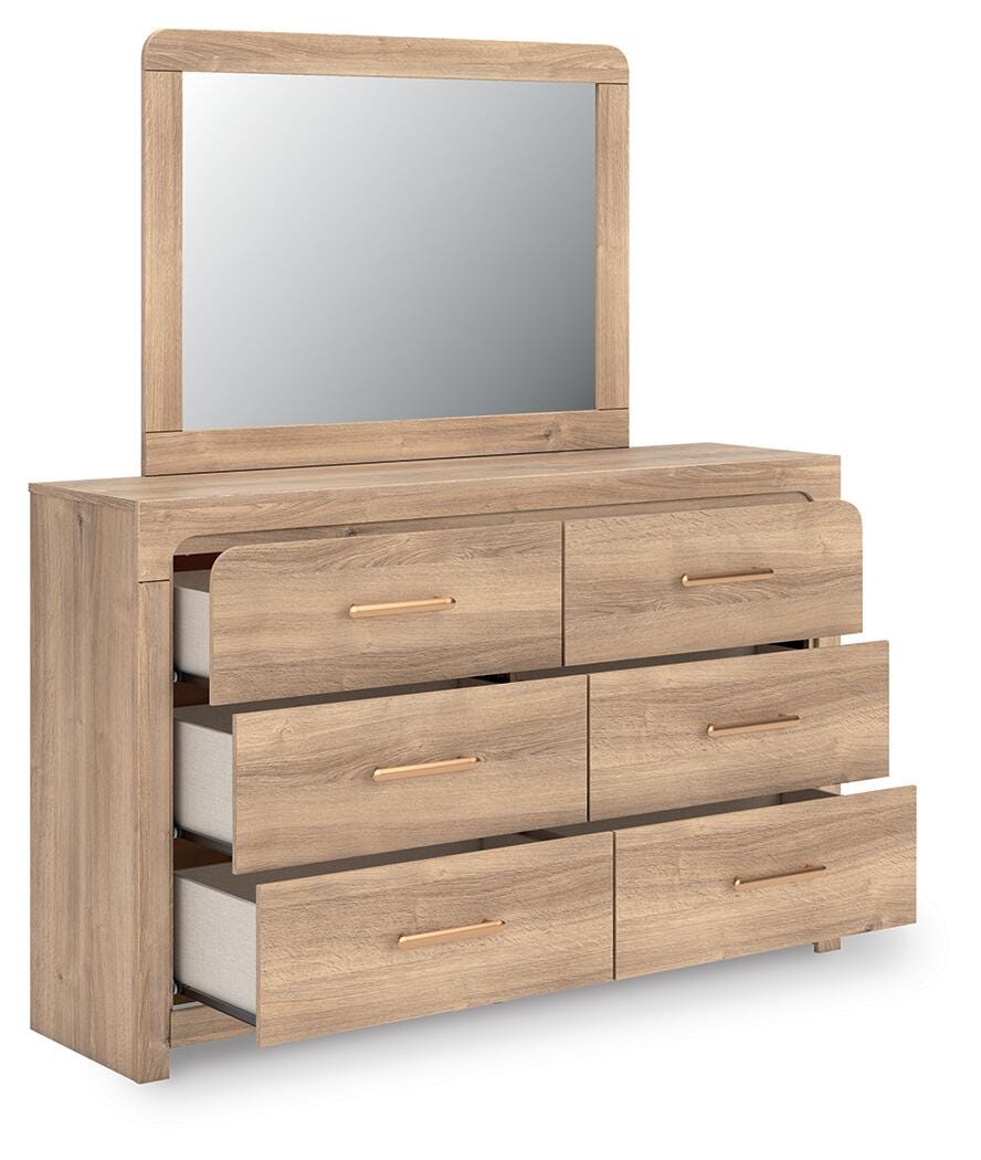 Kinlanni King Upholstered Panel Bed, Dresser and Mirror