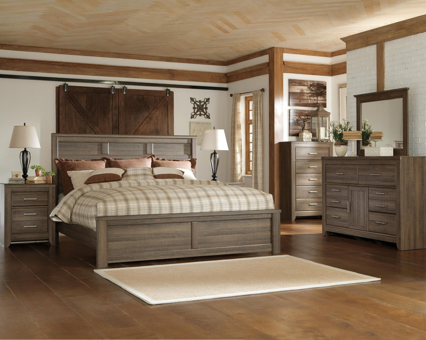 Juararo California King Panel Bed with Mirrored Dresser, Chest and Nightstand