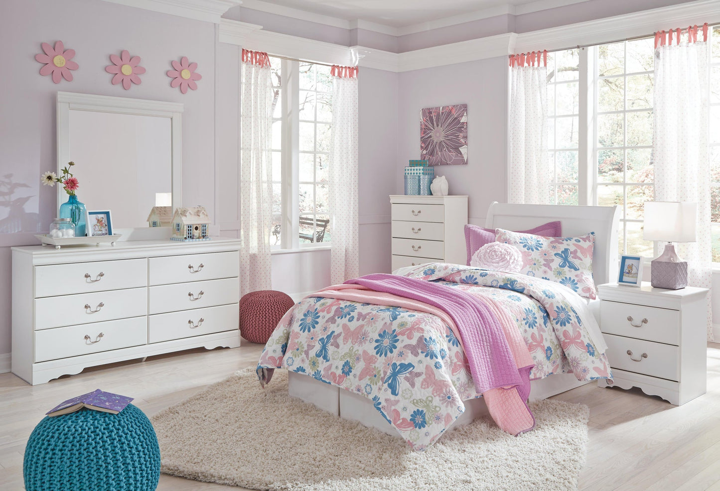 Anarasia Twin Sleigh Headboard, Dresser, Mirror, Chest and Nightstand