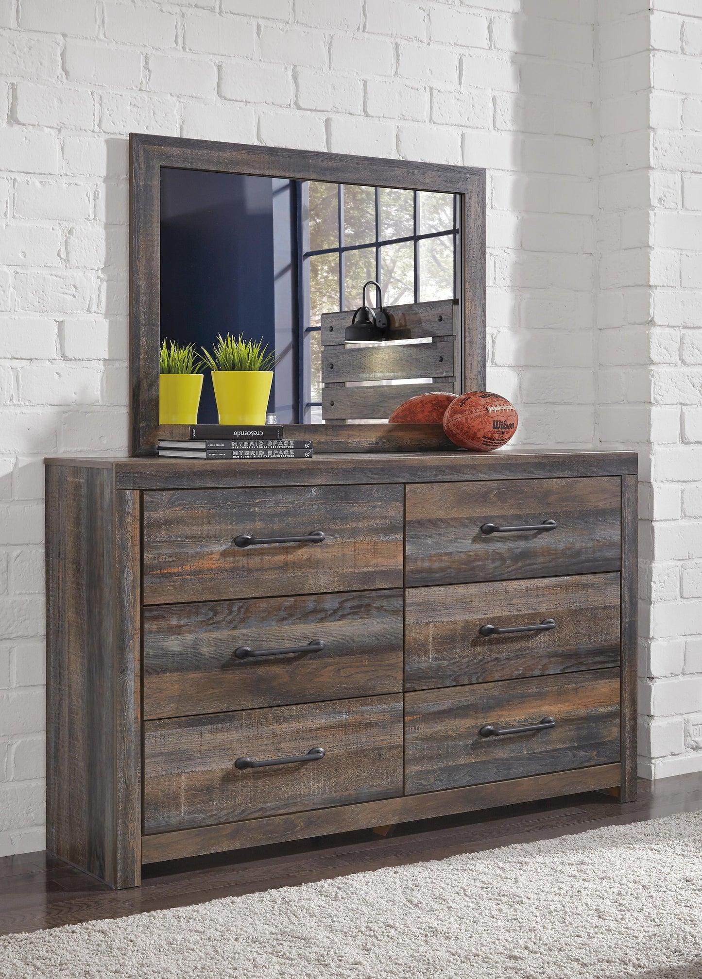 Drystan Queen Bookcase Bed, Dresser, Mirror, Chest and Nightstand