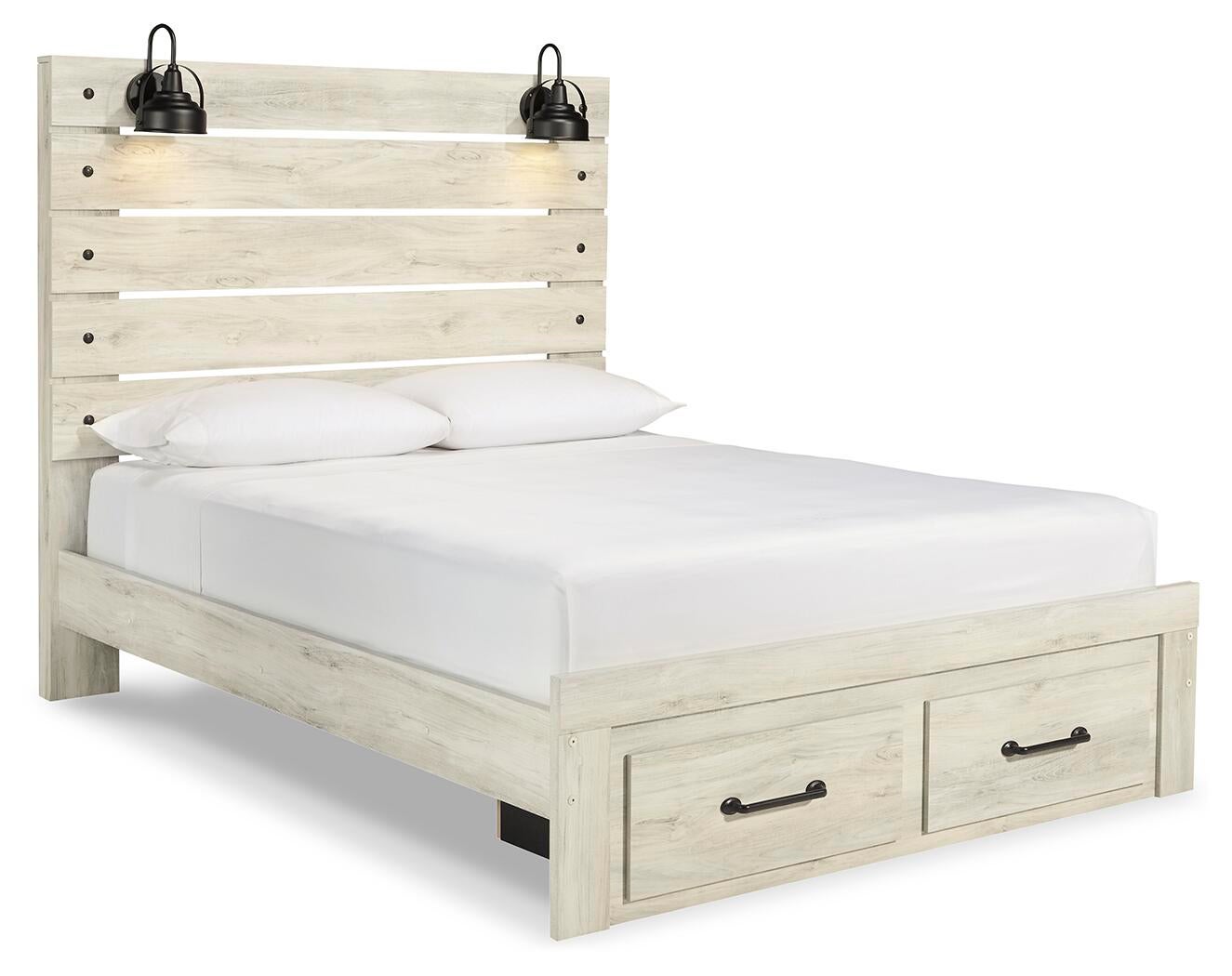 Cambeck Queen Panel Bed with 2 Storage Drawers with Mirrored Dresser