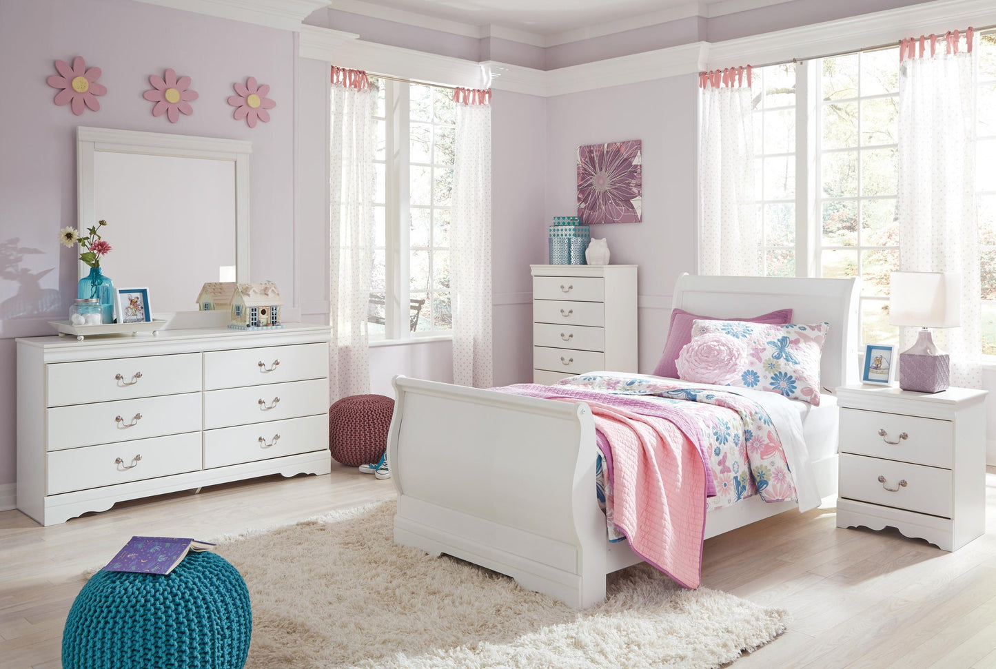 Anarasia Twin Sleigh Bed with Mirrored Dresser, Chest and Nightstand