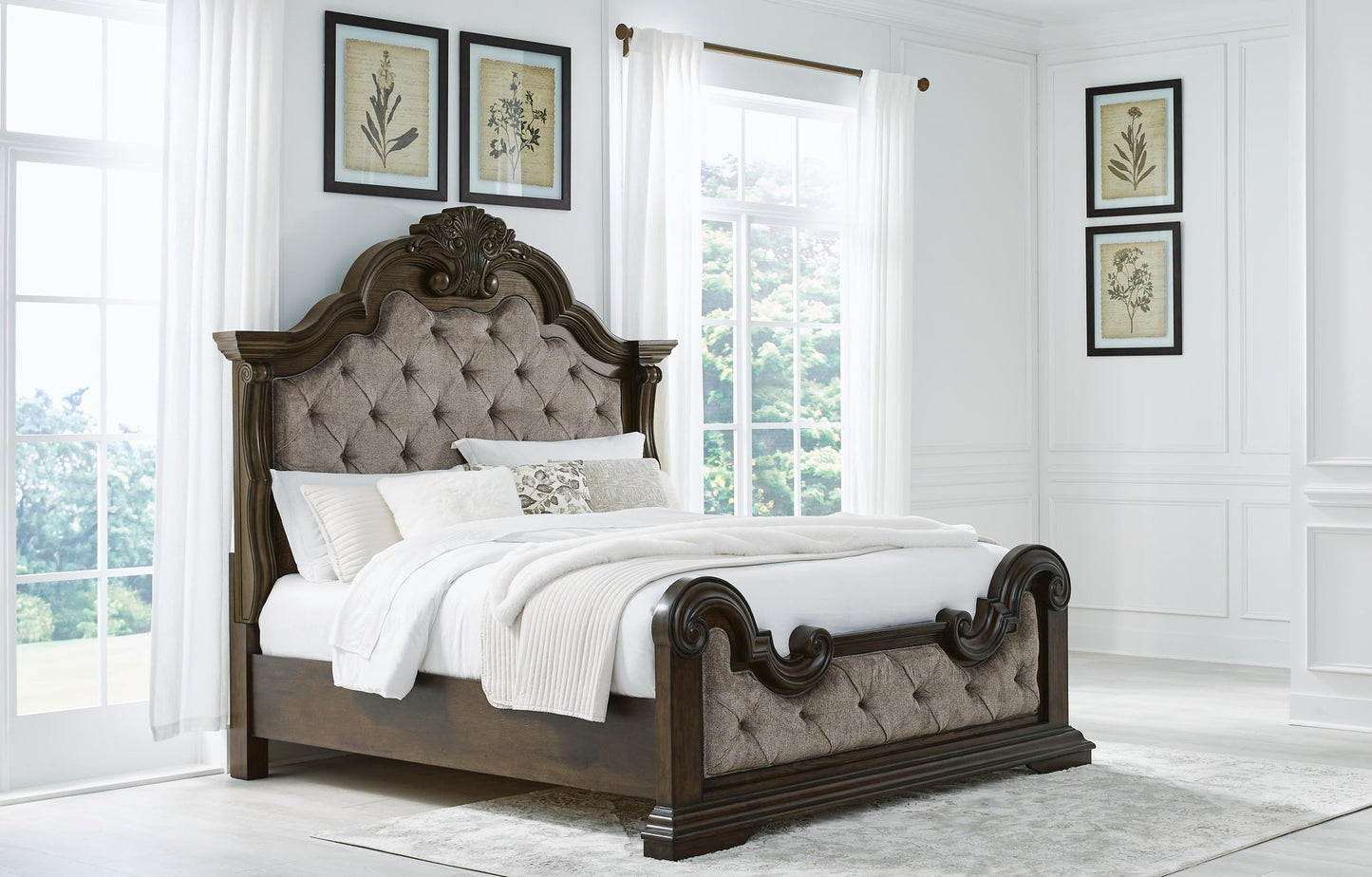 Maylee California King Upholstered Bed, Dresser, Mirror, Chest and Nightstand