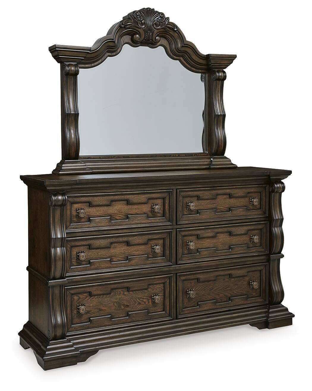 Maylee King Upholstered Bed, Dresser, Mirror, Chest and Nightstand