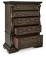 Maylee King Upholstered Bed, Dresser, Mirror, Chest and Nightstand