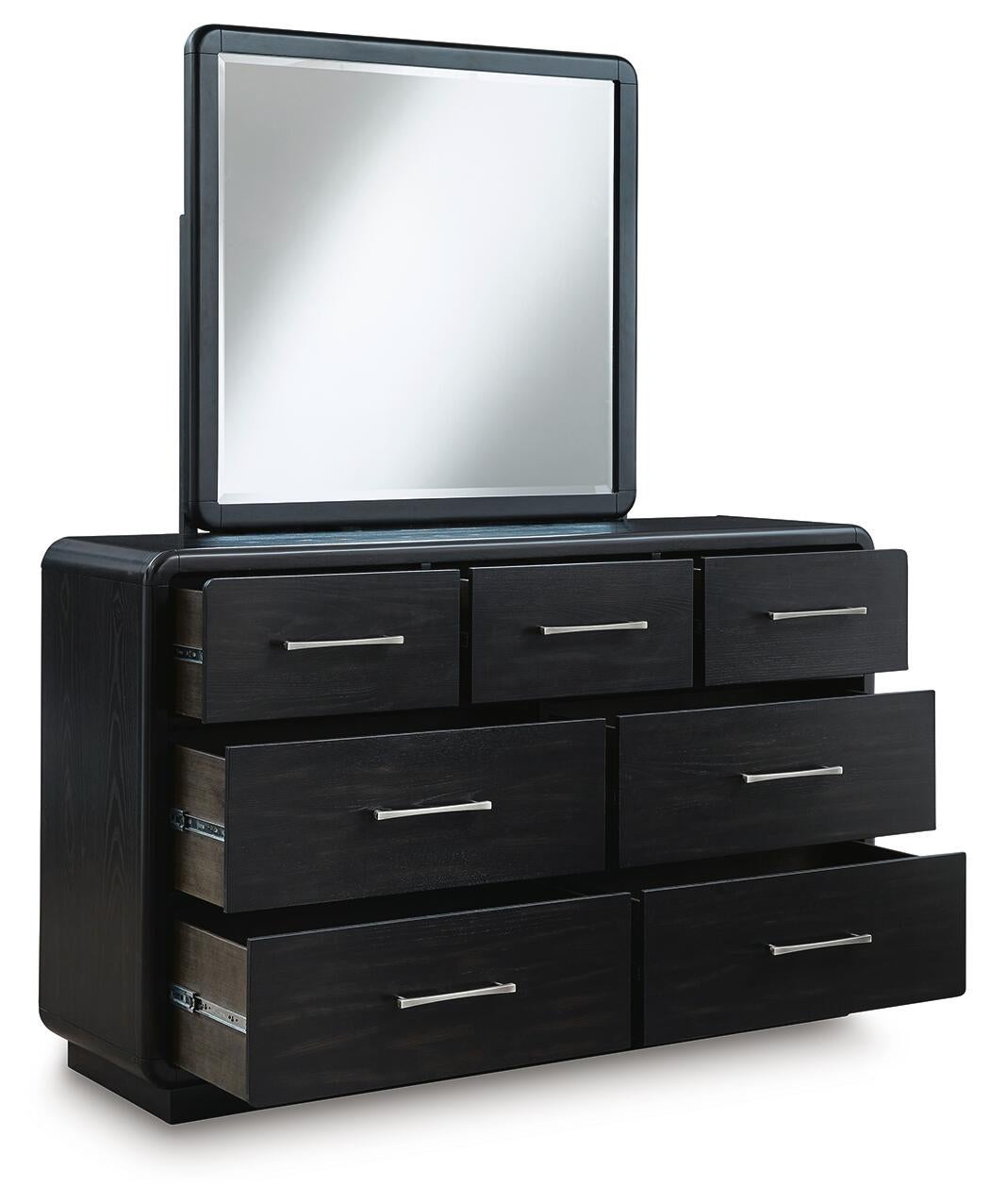 Rowanbeck King Upholstered Panel Bed, Dresser, Mirror and Nightstand