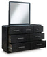 Rowanbeck King Upholstered Panel Bed, Dresser, Mirror, Chest and Nightstand